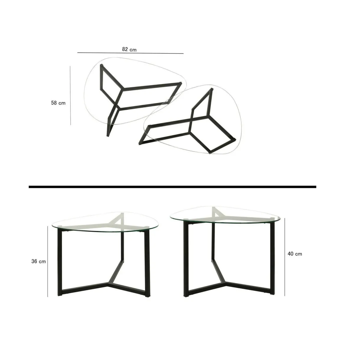 Tavolino da Salotto Nero Modulare Multifunzionale Forma Rettangolare 82x58x40h cm, Materiale Piano in Vetro - Flora