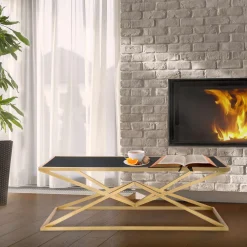 Tavolino da Salotto Nero oro Forma Rettangolare Colore Ripiano Nero 110x60x45h cm, Materiale Struttura in Metallo - Keswic