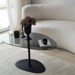 Tavolino da Salotto Nero Piano in Vetro Temperato Forma Ovale 90x60x40h cm, Sfumatura Colore Ripiano Fume - Tremiti