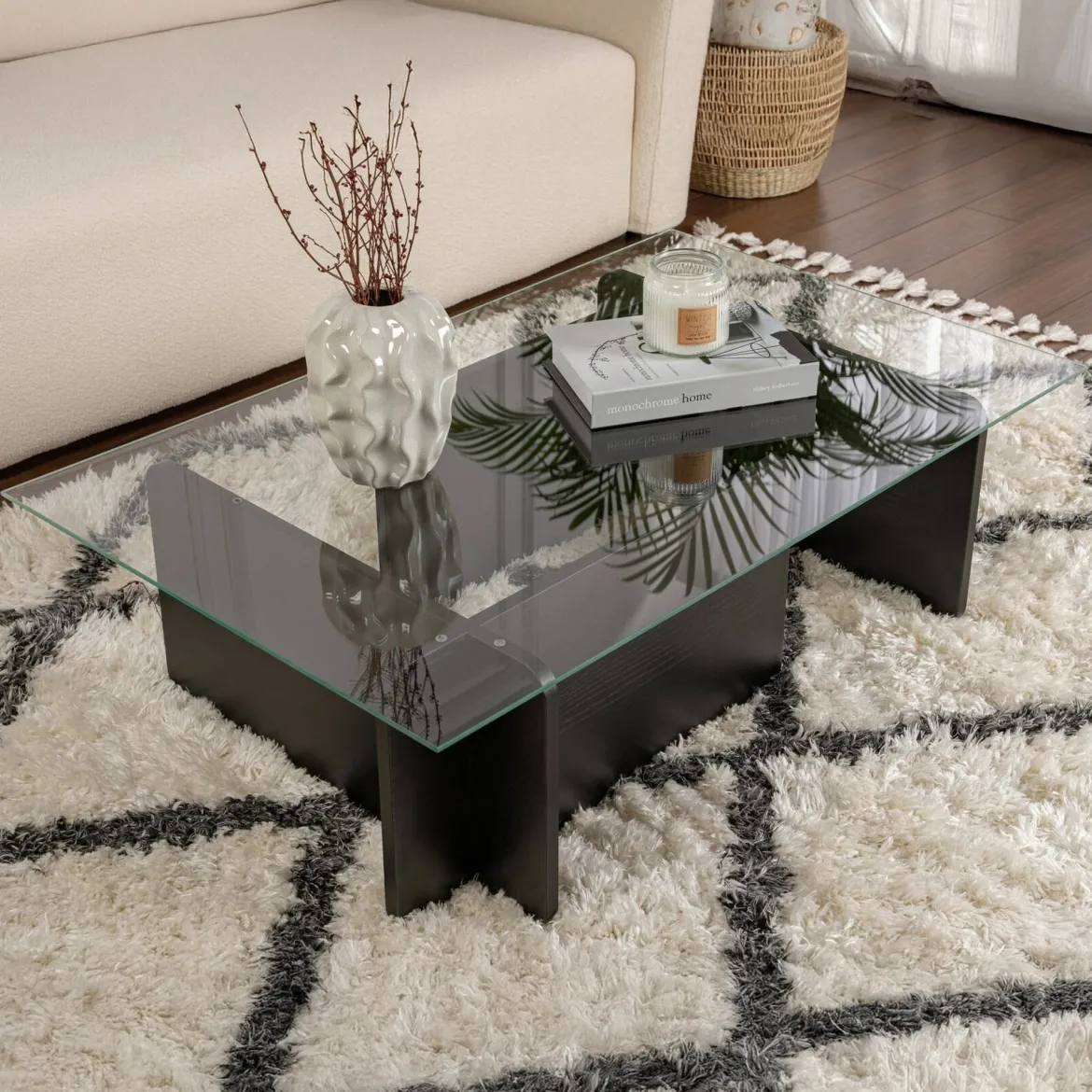 Tavolino da Salotto Nero Portariviste Forma Rettangolare 105x65x40h cm, Materiale Piano in Vetro - Azriel