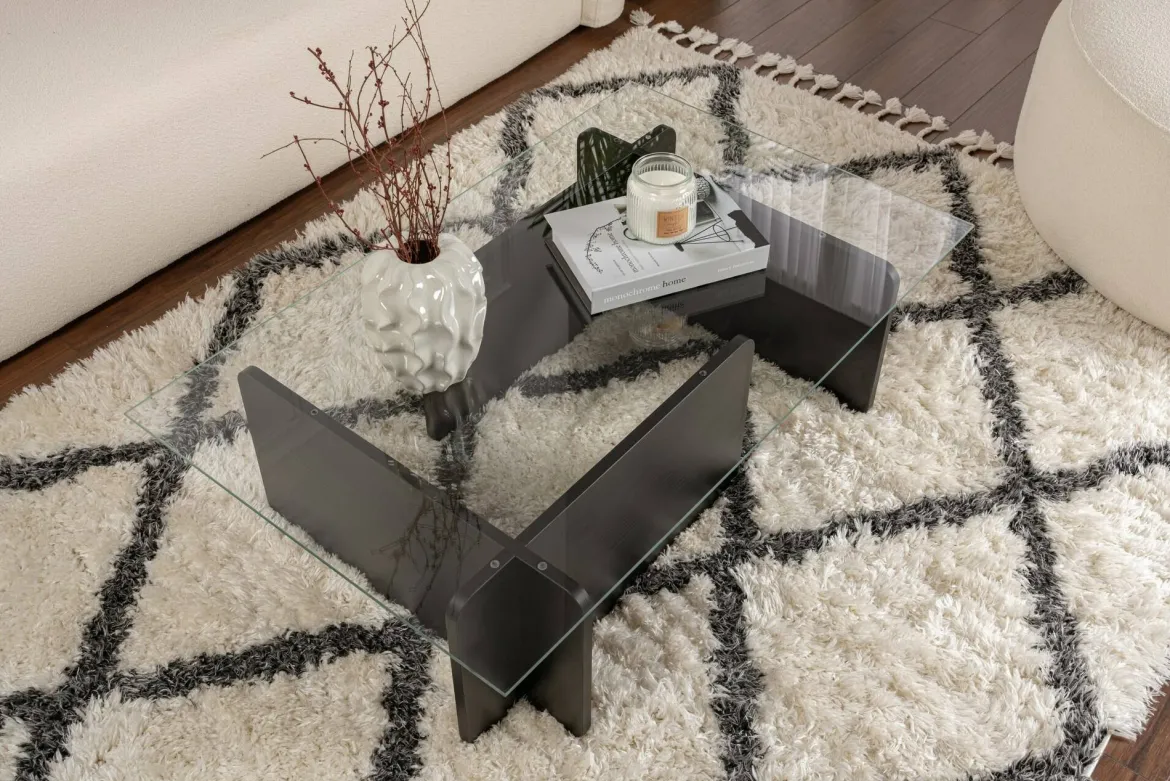 Tavolino da Salotto Nero Portariviste Forma Rettangolare 105x65x40h cm, Materiale Piano in Vetro - Azriel