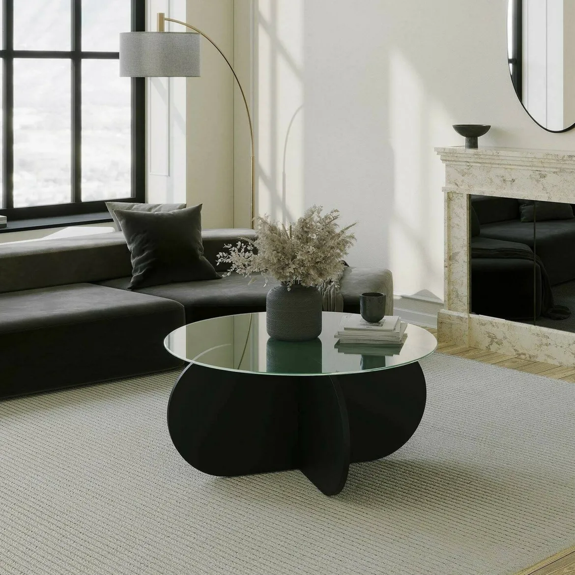 Tavolino da Salotto Nero Portariviste Forma Rotonda 75x75x42h cm, Materiale Piano in Vetro - Esperia