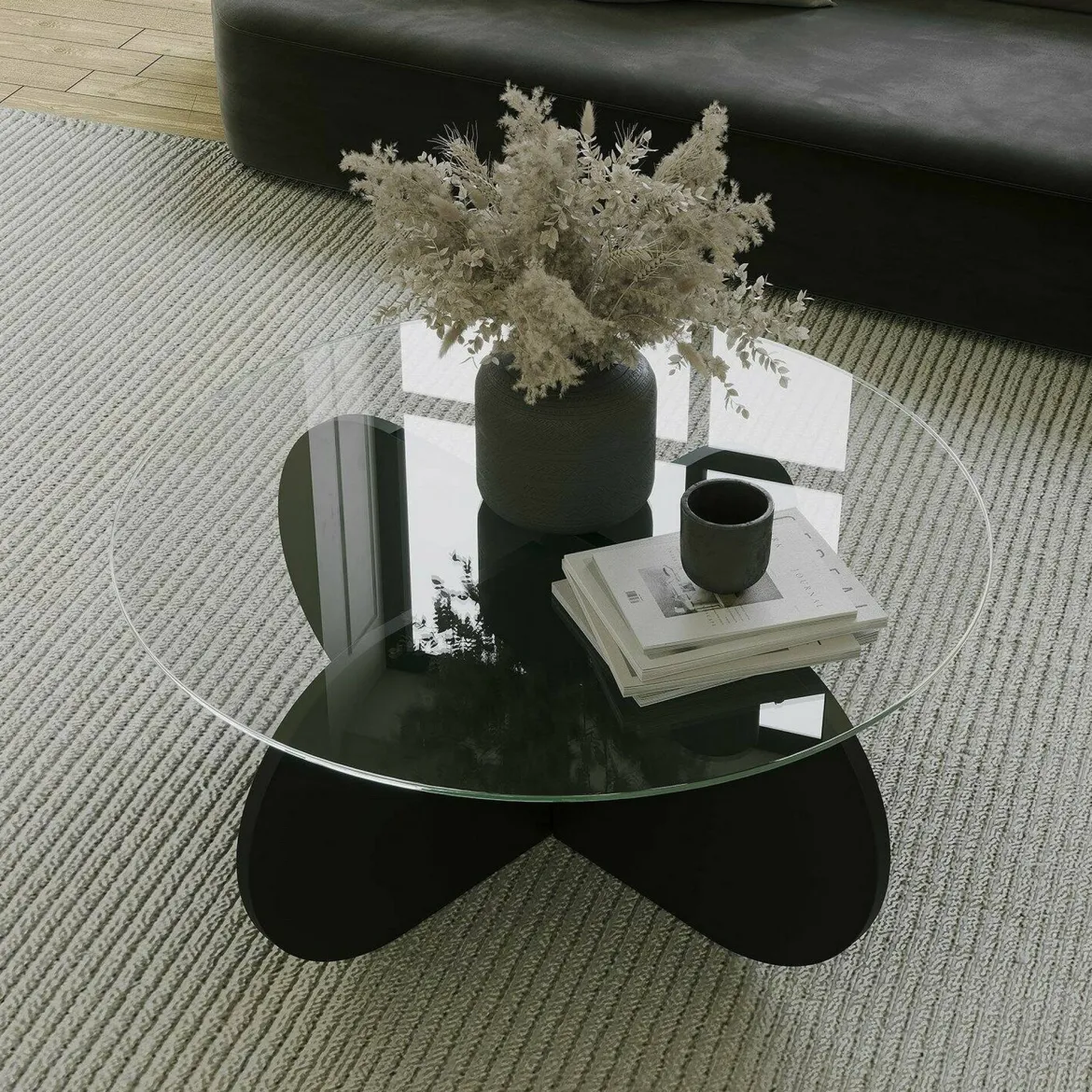 Tavolino da Salotto Nero Portariviste Forma Rotonda 75x75x42h cm, Materiale Piano in Vetro - Esperia
