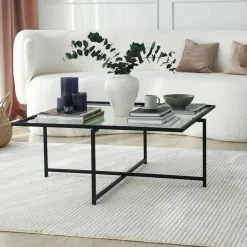 Tavolino da Salotto Nero Resistente All'appannamento Forma Rettangolare 94x64x35h cm, Materiale Piano in Vetro - Anna