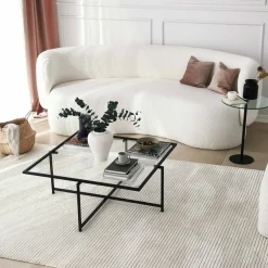 Tavolino da Salotto Nero Resistente All'appannamento Forma Rettangolare 94x64x35h cm, Materiale Piano in Vetro - Anna