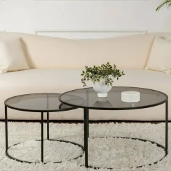 Tavolino da Salotto Nero set di 2 Tavolini Forma Circolare 80x80x43h cm, Sfumatura Colore Ripiano Fume - Aedion