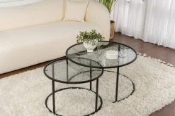 Tavolino da Salotto Nero set di 2 Tavolini Forma Rotondo 60x60x43h cm, Materiale Piano in Vetro - Xaden