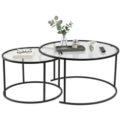 Tavolino da Salotto Nero set di 2 Tavolini Peso Massimo Supportato 10 kg Forma Rotonda 80x80x43h cm, Materiale Piano in Vetro - Aedion