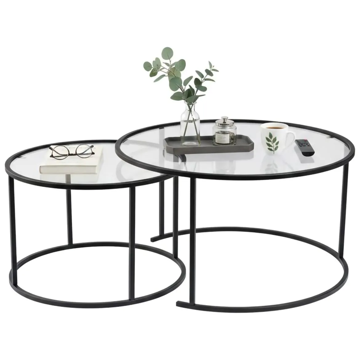 Tavolino da Salotto Nero set di 2 Tavolini Peso Massimo Supportato 10 kg Forma Rotonda 80x80x43h cm, Materiale Piano in Vetro - Aedion