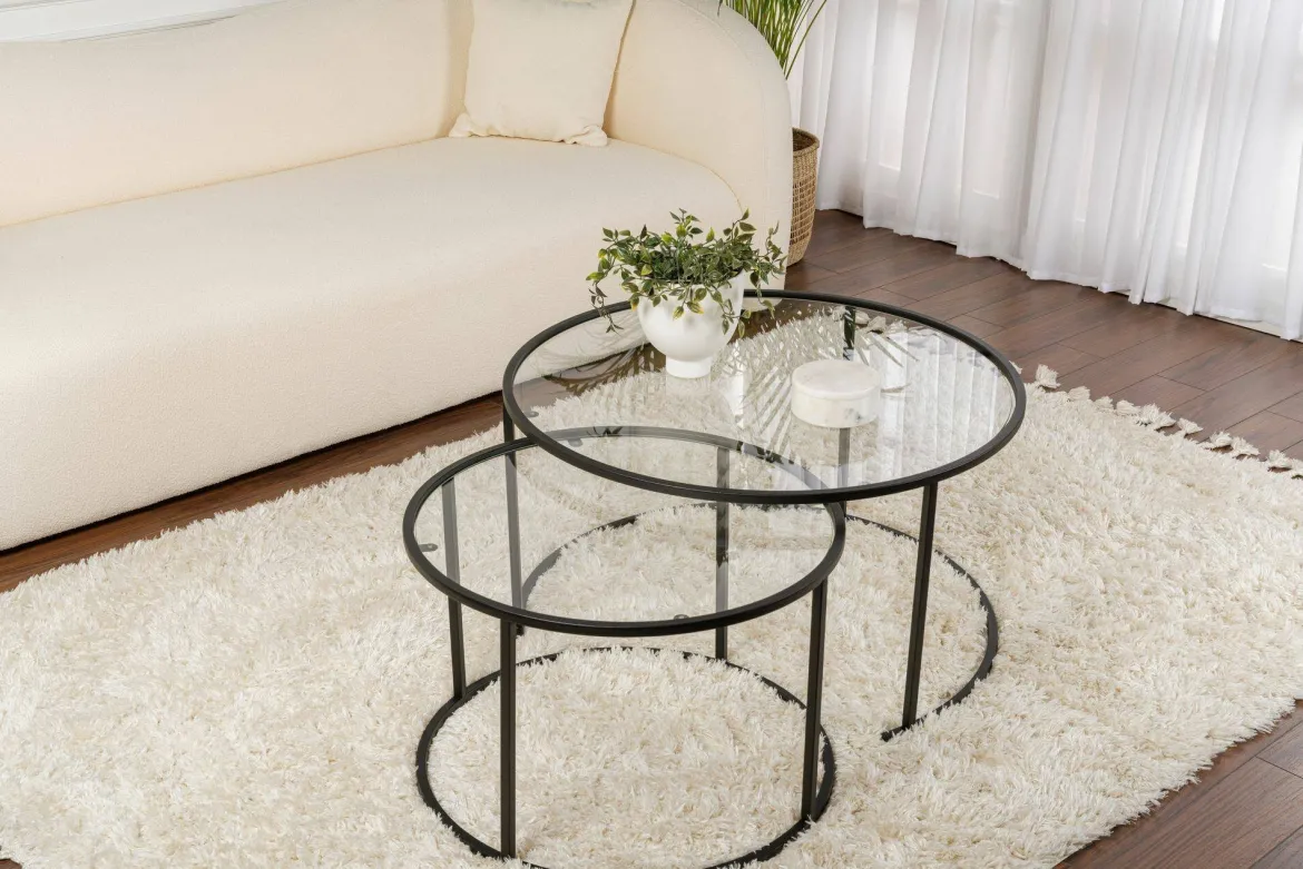 Tavolino da Salotto Nero set di 2 Tavolini Peso Massimo Supportato 10 kg Forma Rotonda 80x80x43h cm, Materiale Piano in Vetro - Aedion