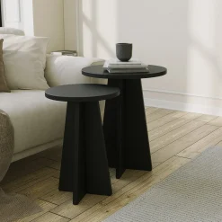Tavolino da Salotto Nero set 2 Pezzi Forma Rotondo 40x40x50h cm, Materiale Piano in Legno Nobilitato - Dorina