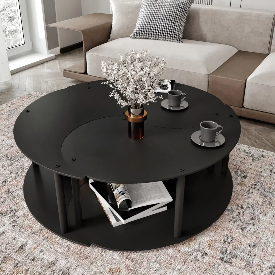 Tavolino da Salotto Nero set 3 Pezzi Forma Rotondo 50x50x58h cm, Materiale Piano in Legno Nobilitato - Daiano