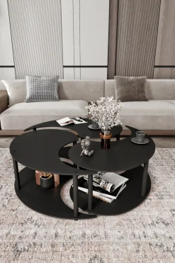Tavolino da Salotto Nero set 3 Pezzi Forma Rotondo 50x50x58h cm, Materiale Piano in Legno Nobilitato - Daiano