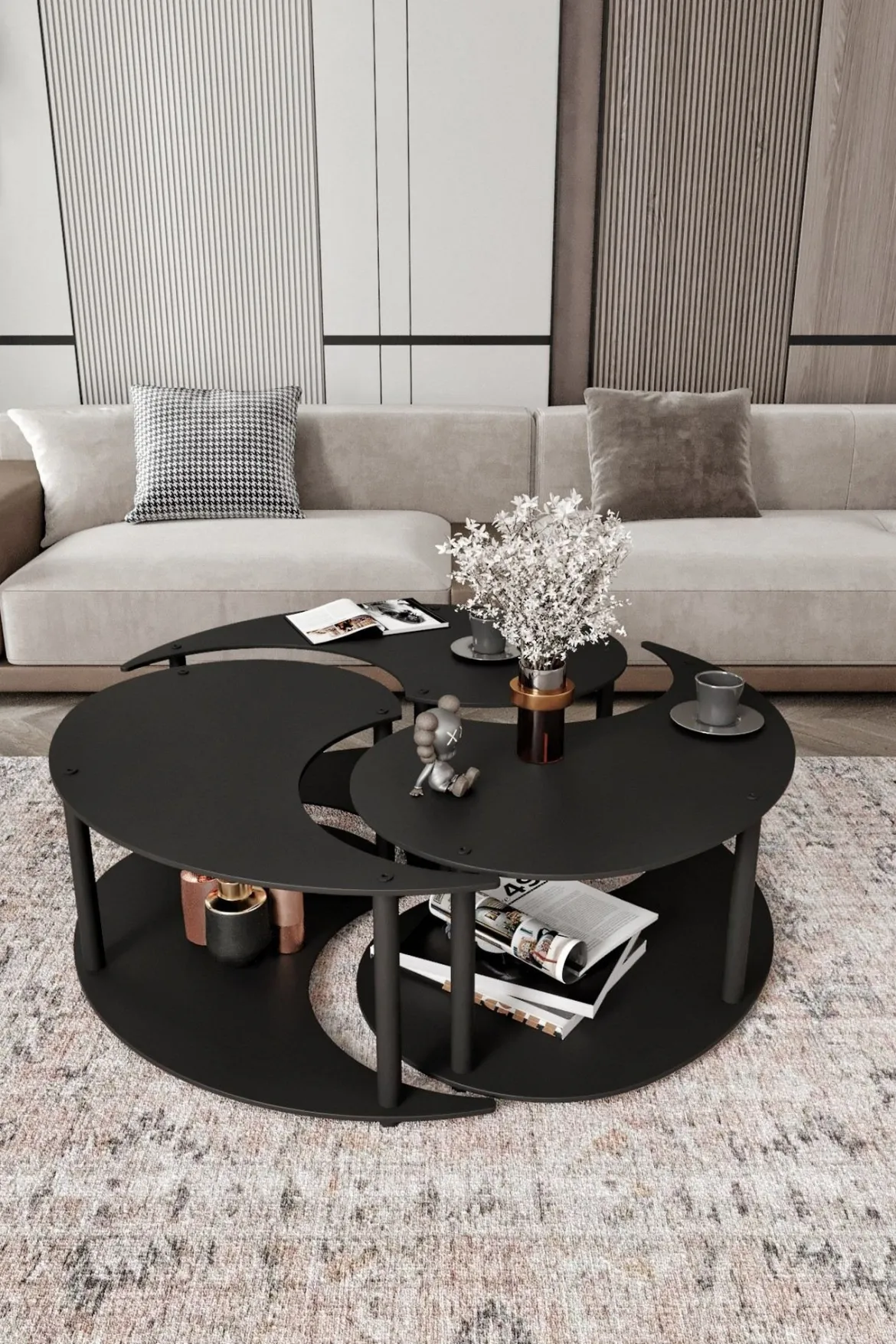 Tavolino da Salotto Nero set 3 Pezzi Forma Rotondo 50x50x58h cm, Materiale Piano in Legno Nobilitato - Daiano