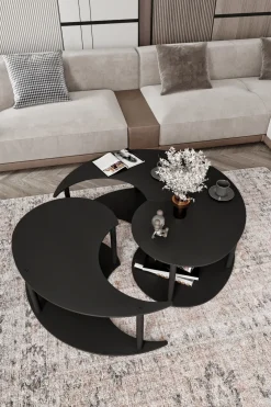 Tavolino da Salotto Nero set 3 Pezzi Forma Rotondo 50x50x58h cm, Materiale Piano in Legno Nobilitato - Daiano