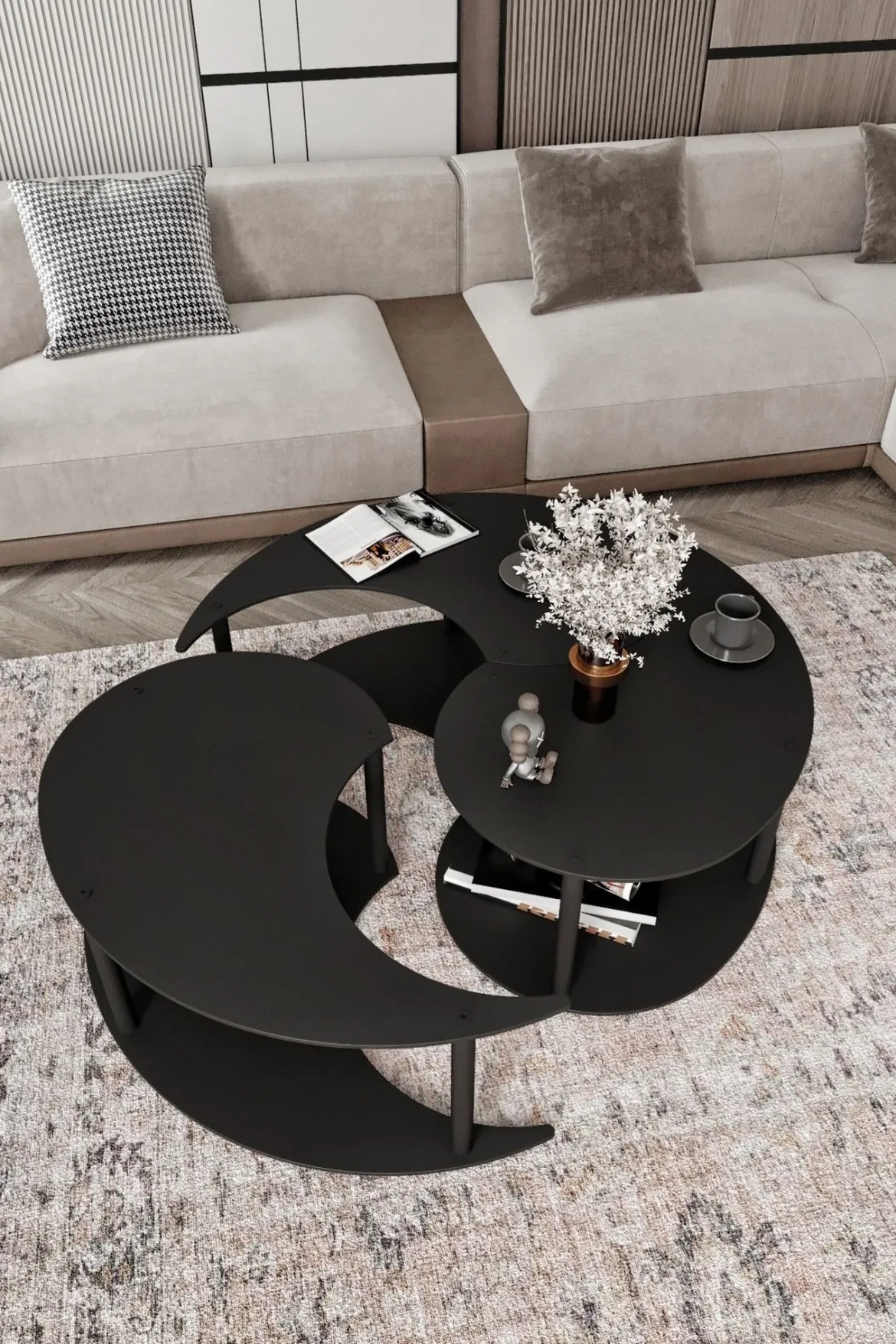 Tavolino da Salotto Nero set 3 Pezzi Forma Rotondo 50x50x58h cm, Materiale Piano in Legno Nobilitato - Daiano