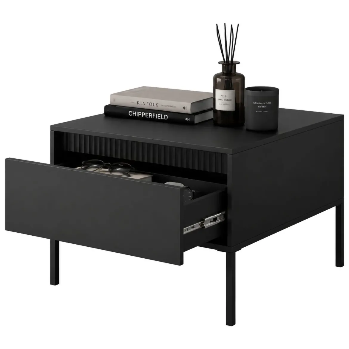 Tavolino da Salotto Nero un Cassetto con Piedini 68x48x68h cm, un Vano - Kasinela