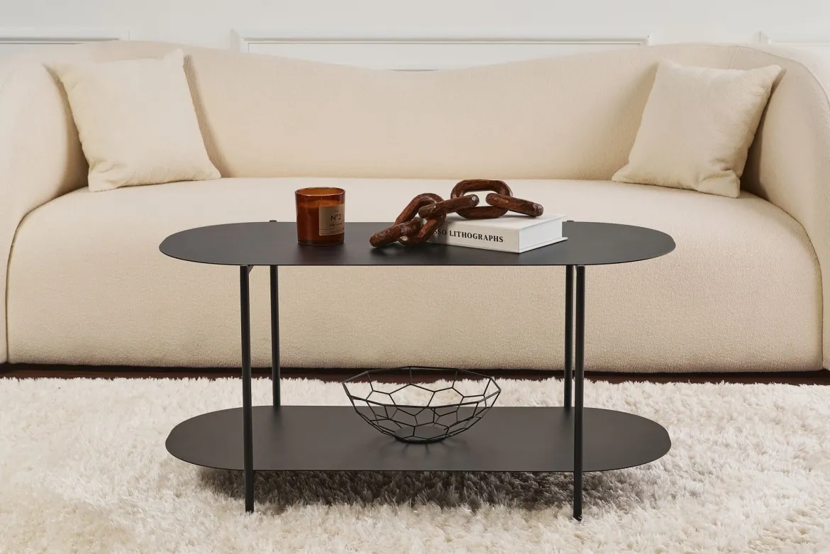 Tavolino da Salotto Nero un Vano Forma Ovale 100x45x51h cm, Materiale Piano in Metallo - Verzate