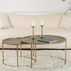 Tavolino da Salotto oro Bronzo set di 2 Tavolini Forma Circolare 80x80x43h cm, Materiale Struttura in Vetro - Aedion