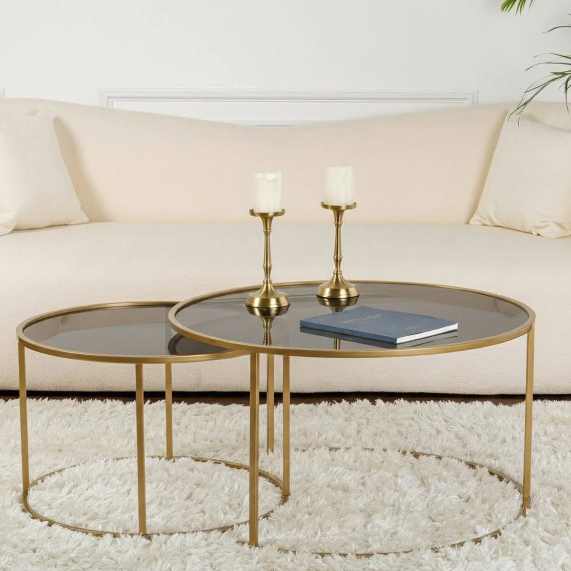 Tavolino da Salotto oro Bronzo set di 2 Tavolini Forma Circolare 80x80x43h cm, Materiale Struttura in Vetro - Aedion