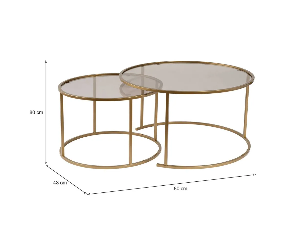 Tavolino da Salotto oro Bronzo set di 2 Tavolini Forma Circolare 80x80x43h cm, Materiale Struttura in Vetro - Aedion