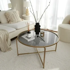 Tavolino da Salotto oro Effetto Fume Forma Rotonda 83x83x40h cm, Sfumatura Colore Ripiano Fume - Ecaterina
