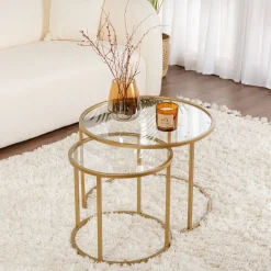 Tavolino da Salotto oro Modulabile Forma Rotondo 60x60x43h cm, Materiale Piano in Vetro - Simaxis
