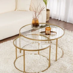 Tavolino da Salotto oro Piano in Vetro Temperato Forma Rotondo 80x80x43h cm, Materiale Piano in Vetro - Telti
