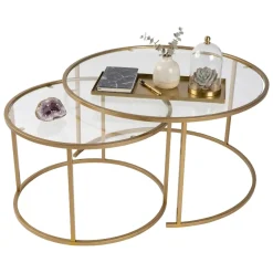 Tavolino da Salotto oro Piano in Vetro Temperato Forma Rotondo 80x80x43h cm, Materiale Piano in Vetro - Telti
