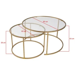Tavolino da Salotto oro Piano in Vetro Temperato Forma Rotondo 80x80x43h cm, Materiale Piano in Vetro - Telti