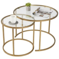 Tavolino da Salotto oro set di 2 Tavolini Peso Massimo Supportato 10 kg Forma Rotondo 60x60x43h cm, Materiale Piano in Vetro - Xaden
