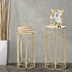 Tavolino da Salotto oro Trasparente set da 2 Forma Rotondo 37x37x70h cm, Colore Ripiano Trasparente - Kuldig
