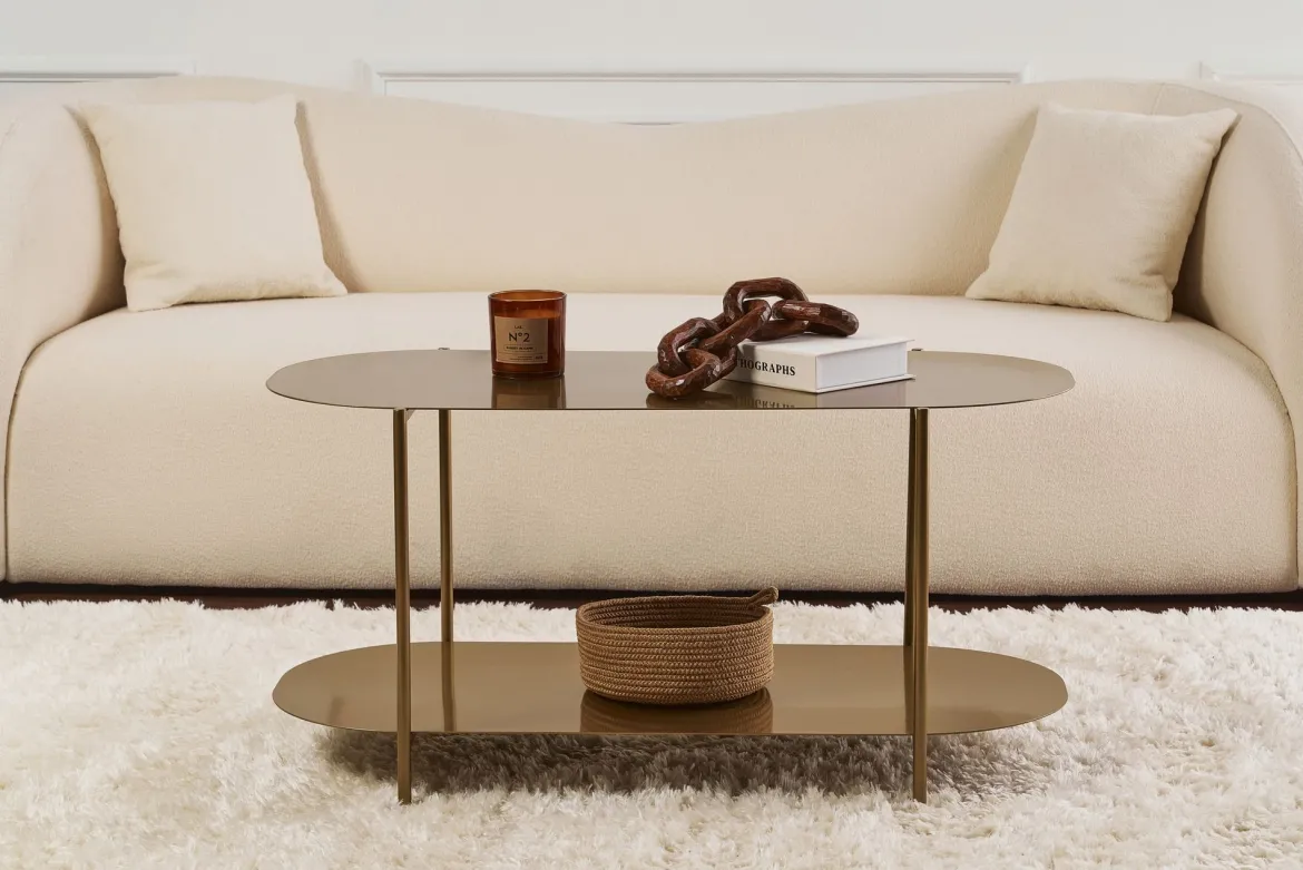 Tavolino da Salotto oro un Vano Effetto Lucido 100x45x51h cm, Forma Ovale - Verzate