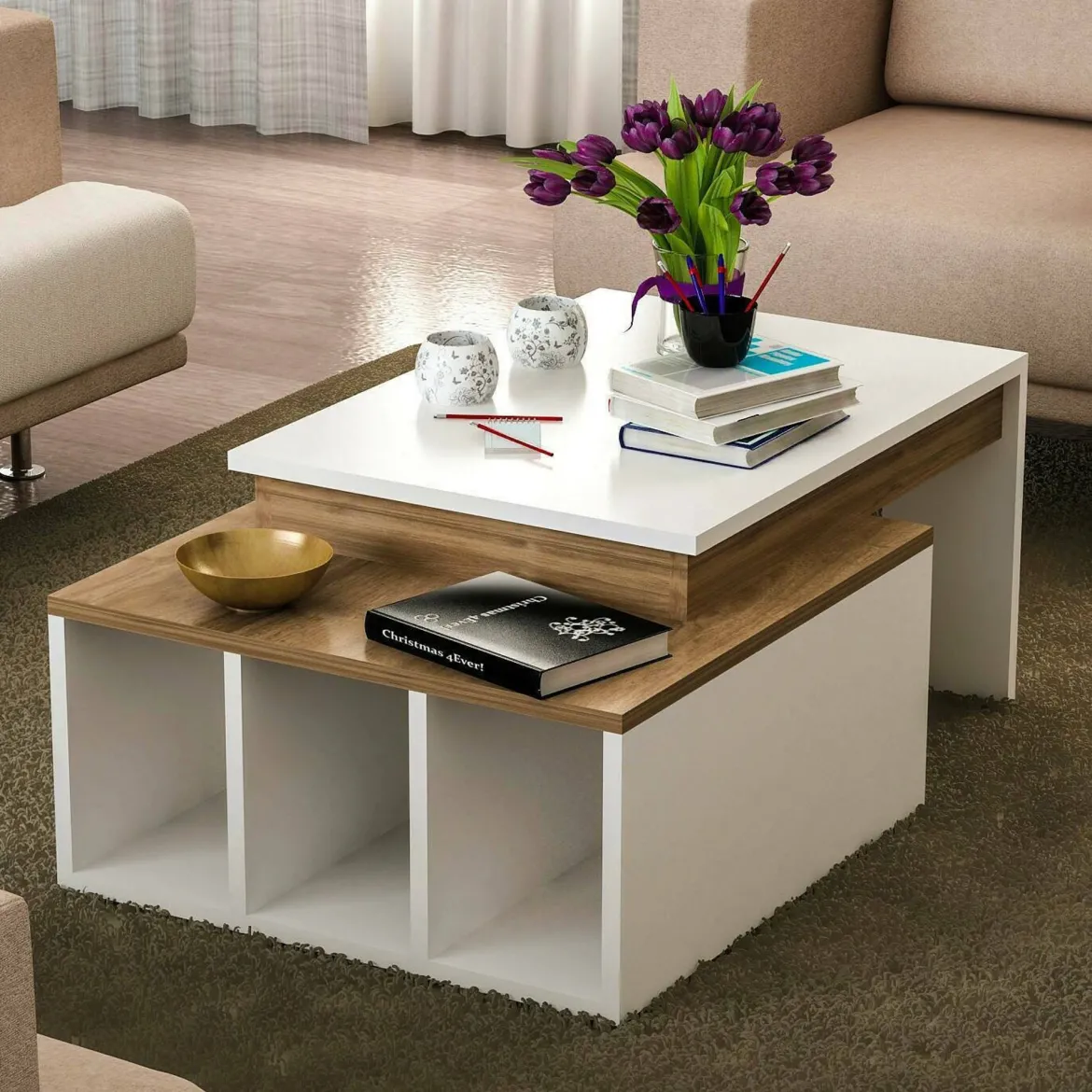 Tavolino da salotto rettangolare bianco e noce 90x60x42h cm - Langosco