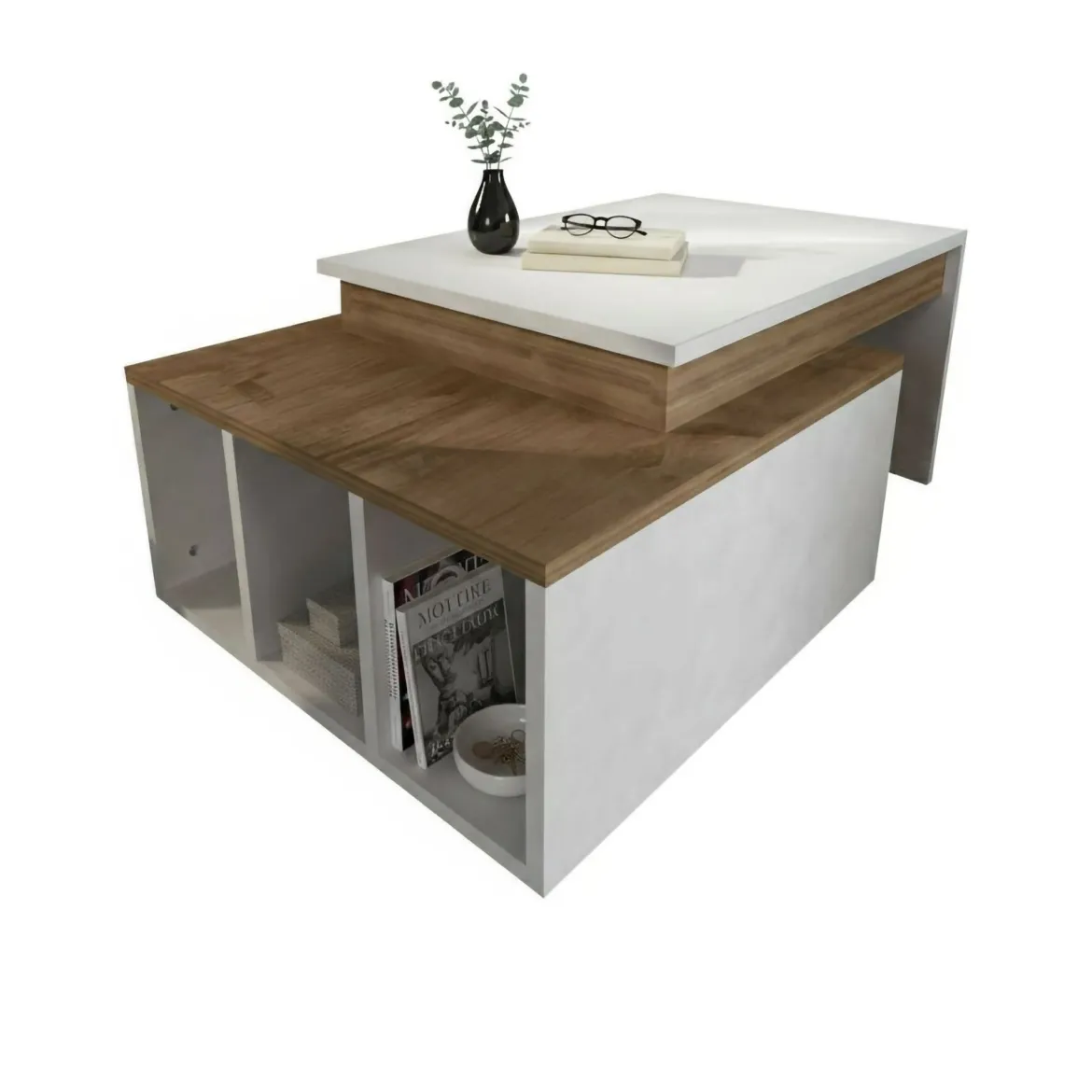 Tavolino da salotto rettangolare bianco e noce 90x60x42h cm - Langosco