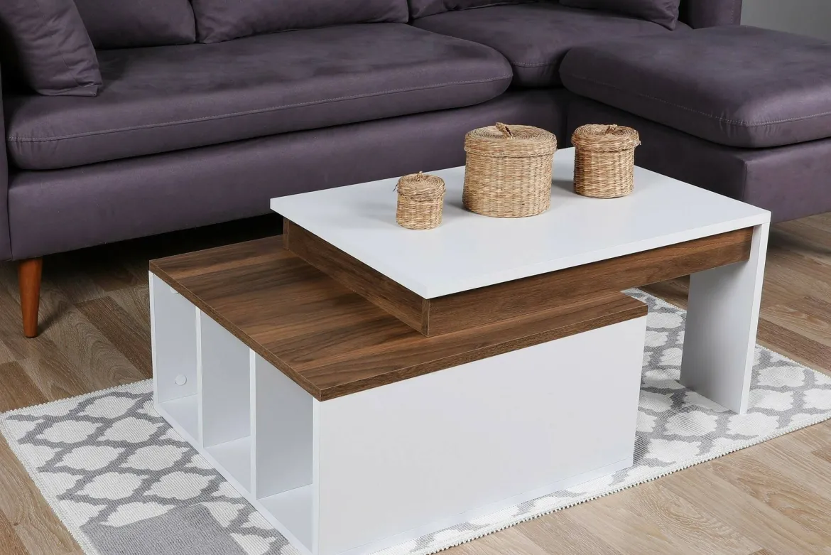 Tavolino da salotto rettangolare bianco e noce 90x60x42h cm - Langosco