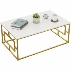 Tavolino da salotto rettangolare bianco e oro 100x60x40h cm - Franca