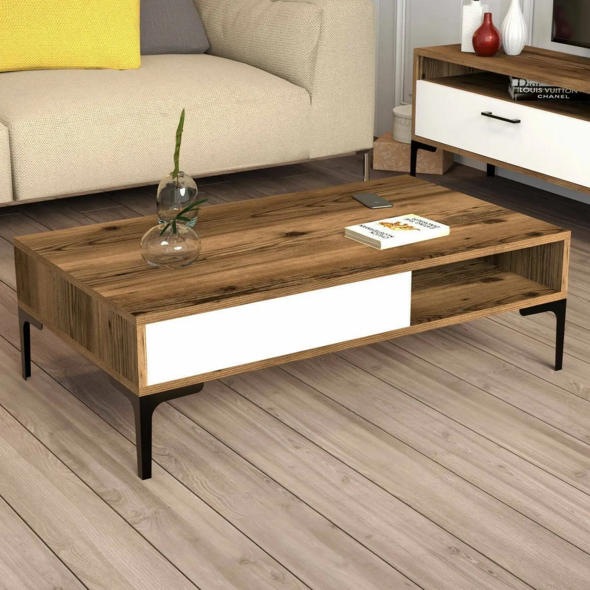 Tavolino da salotto rettangolare noce e bianco 105x60x32h cm - Gru