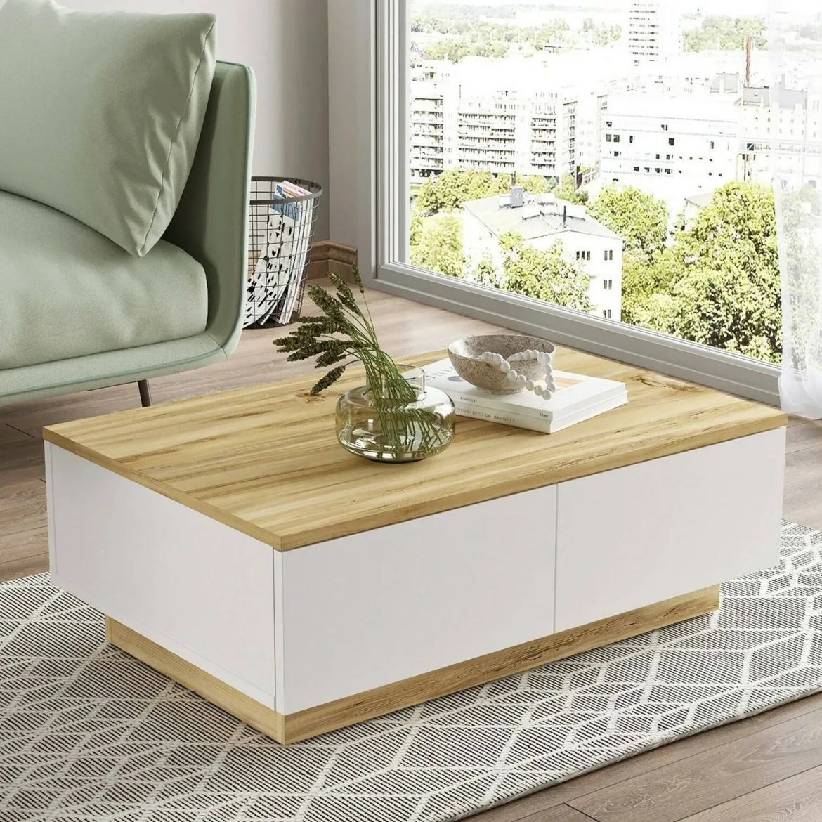 Tavolino da salotto rettangolare quercia e bianco 90x60x31h cm - Ay