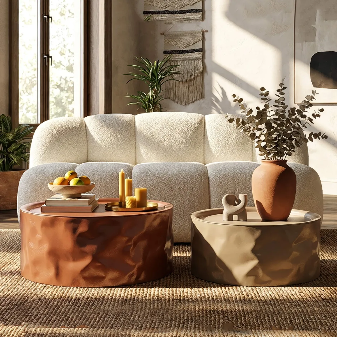 Tavolino da Salotto Rosso Marrone set da 2 Forma Rotondo 34x66x66h cm, Colore Ripiano Rosso - Ganovama