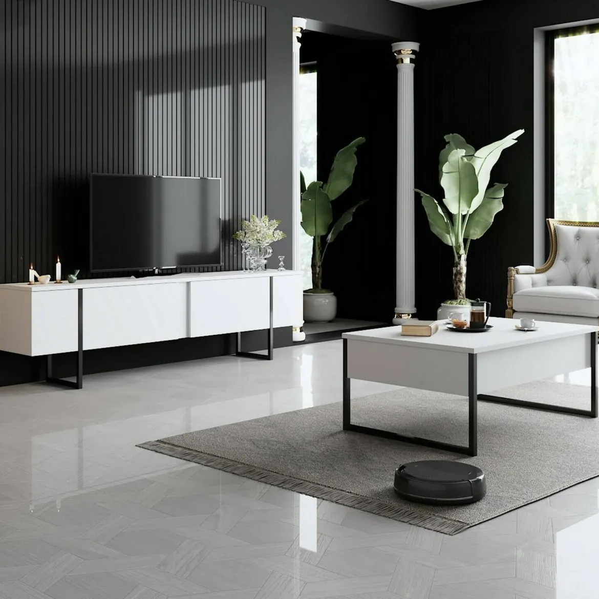 Tavolino salotto rettangolare bianco e nero 90x60x40h cm - Lavinia