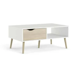 Tavolino salotto rettangolare bianco e quercia 98x60x43h cm con 1 cassetto - Sfene