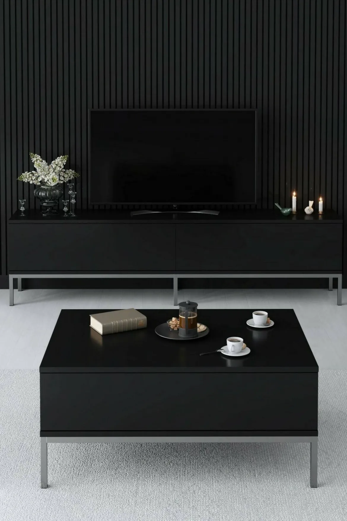 Tavolino salotto rettangolare nero e noce 101x48x50h cm con 1 cassetto - Maximilien