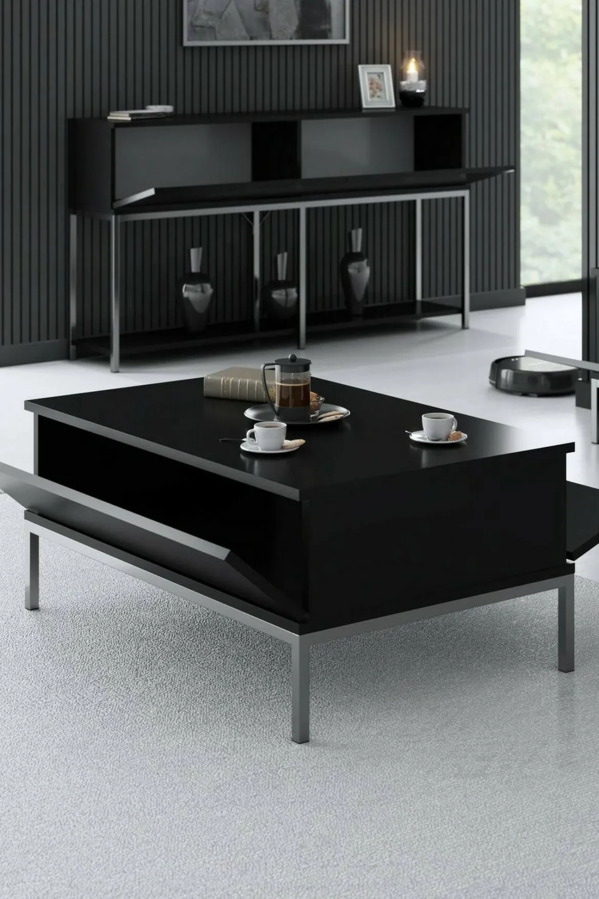 Tavolino salotto rettangolare nero e noce 101x48x50h cm con 1 cassetto - Maximilien