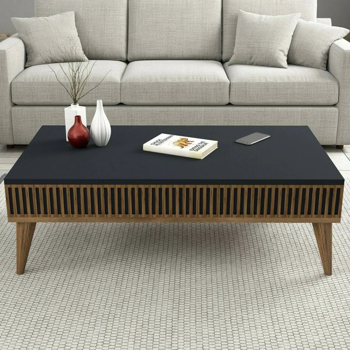 Tavolino salotto rettangolare noce e antracite 105x60x34h cm - Atrani