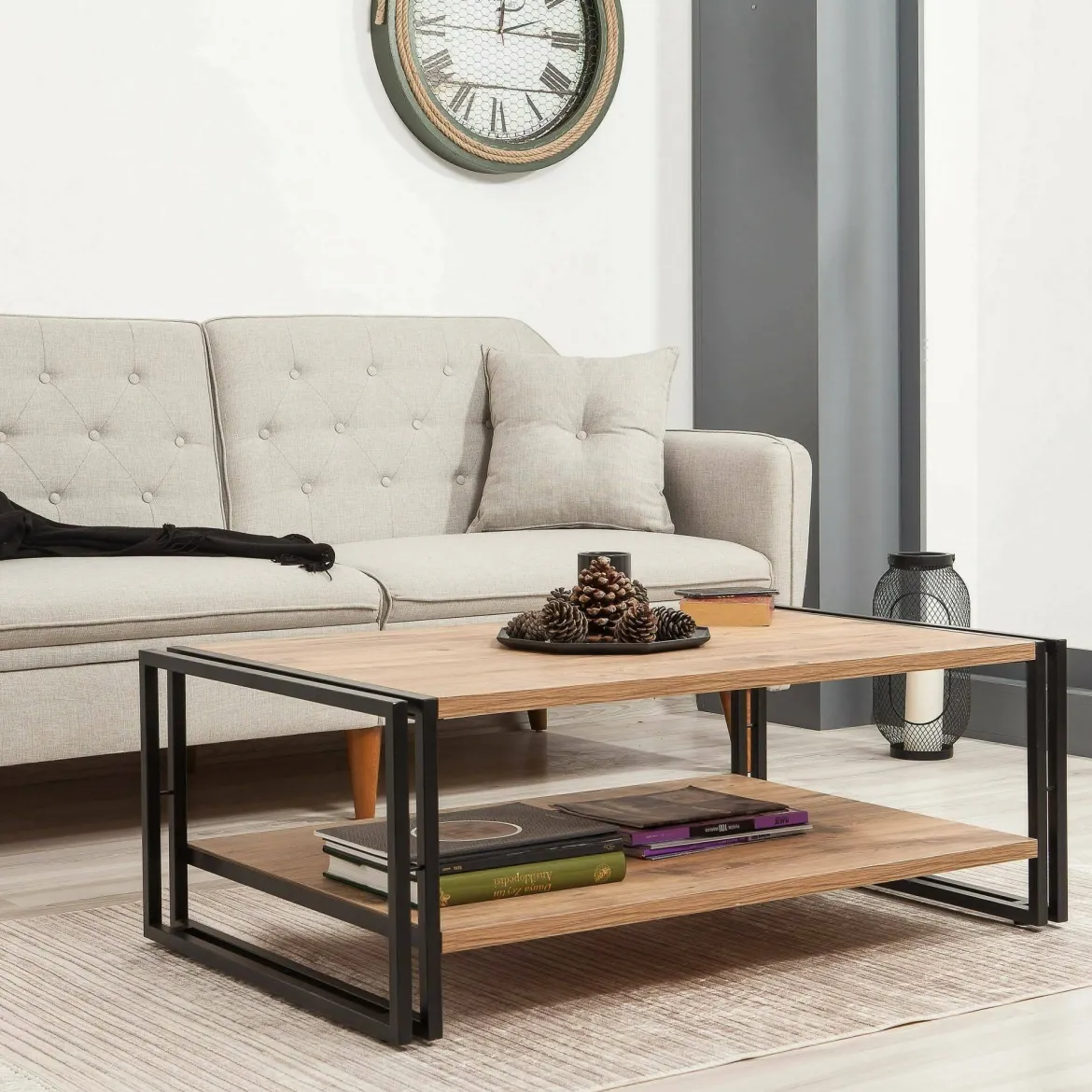 Tavolino salotto rettangolare quercia e nero 120x50x30h cm - Sarika