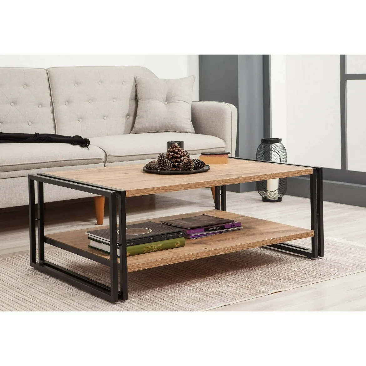 Tavolino salotto rettangolare quercia e nero 120x50x30h cm - Sarika