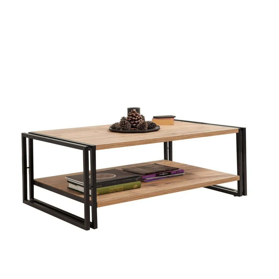 Tavolino salotto rettangolare quercia e nero 120x50x30h cm - Sarika
