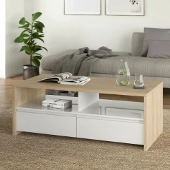 Tavolino salotto rettangolare rovere e bianco lucido 120x60x45h cm con 2 cassetti - Shote