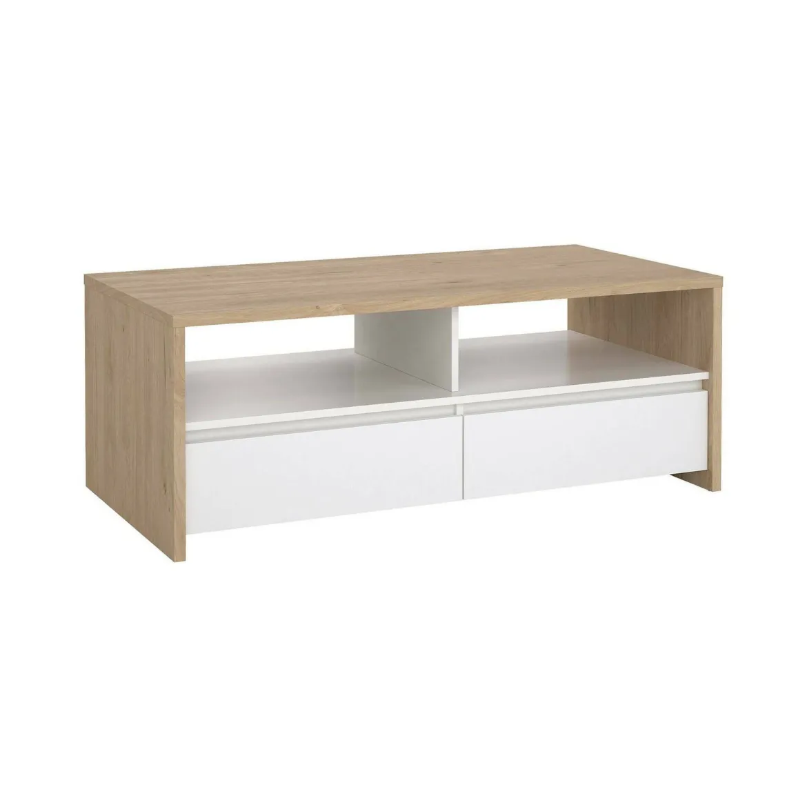 Tavolino salotto rettangolare rovere e bianco lucido 120x60x45h cm con 2 cassetti - Shote